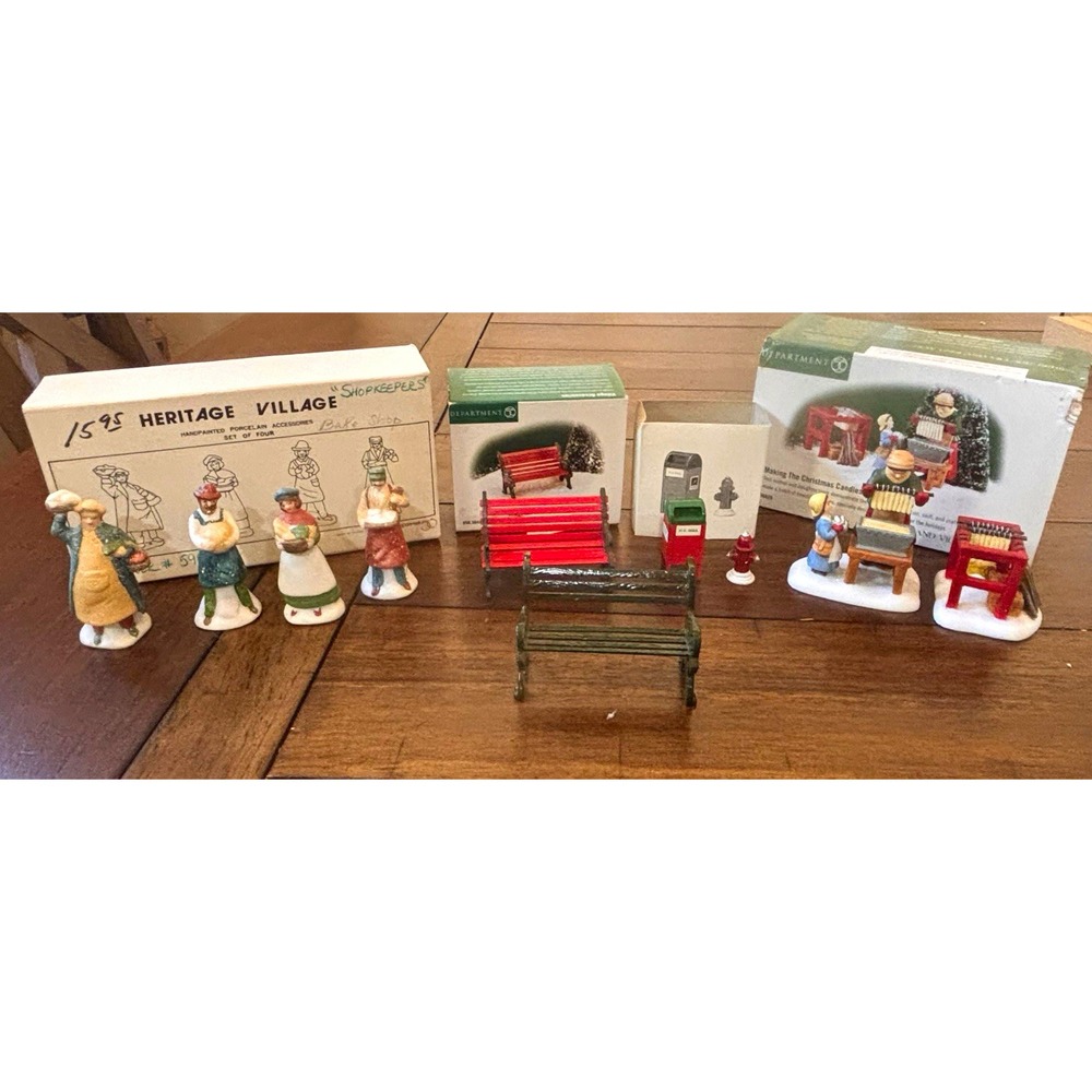 Dept 56 Village Accessories Lot: Shopkeepers, Candle Maker, Benches, Mailbox